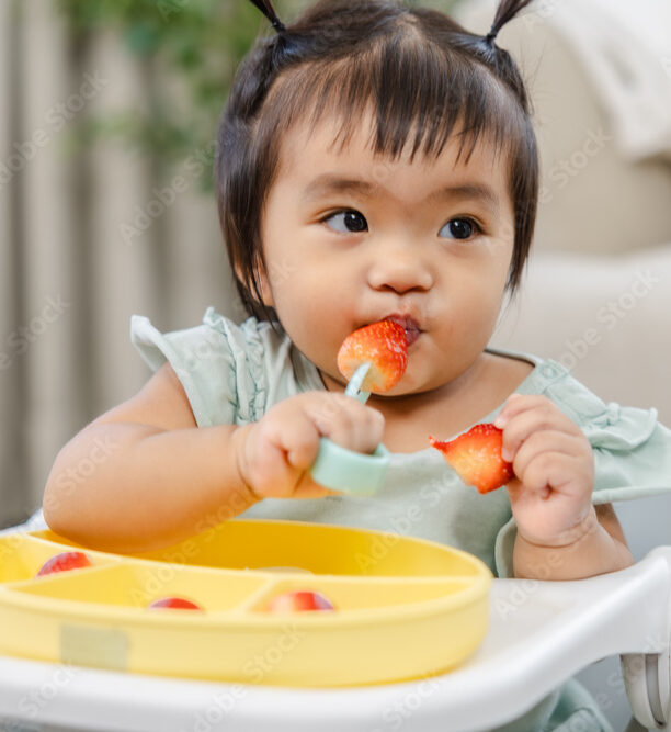 Happy toddler in high chair tastes strawberry and soft bites, practicing hand-to-mouth coordination and building eating habits; pediatric nutrition, growth milestones, child development, family care