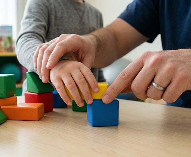 Adult Guiding Child Hands On Wooden Block Building Activity